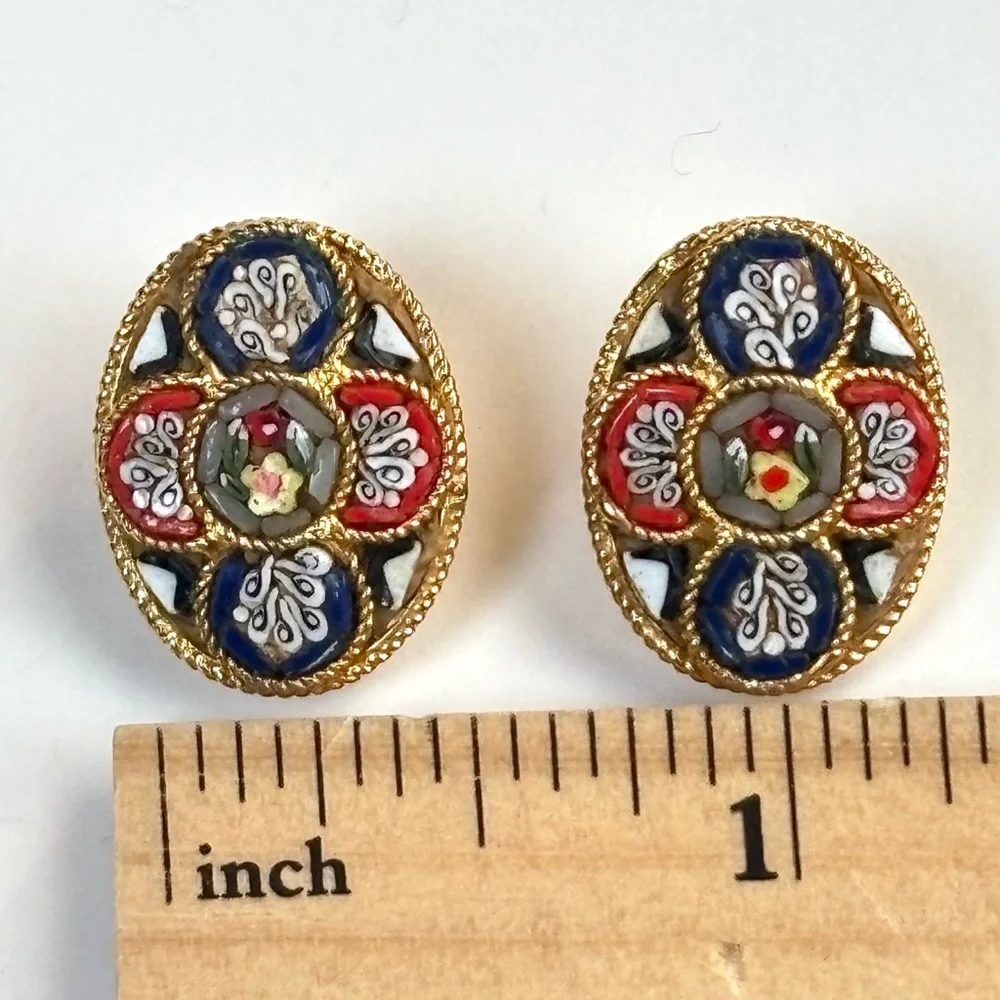 Vintage Italian Glass Micro Mosaic Oval Gold Tone Clip-on Earrings 1950’s Estate